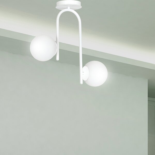 Lampadario 2 Luci Ramachandra Acciaio Bianco A Bracci E Sfere In Vetro Opalino
