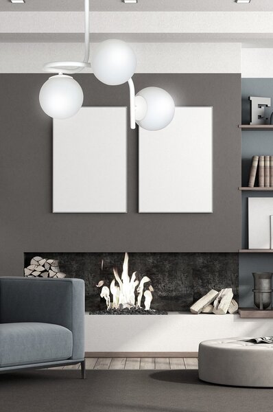 Lampadario 3 Luci Ramachandra Acciaio Bianco A Bracci E Sfere In Vetro Opalino