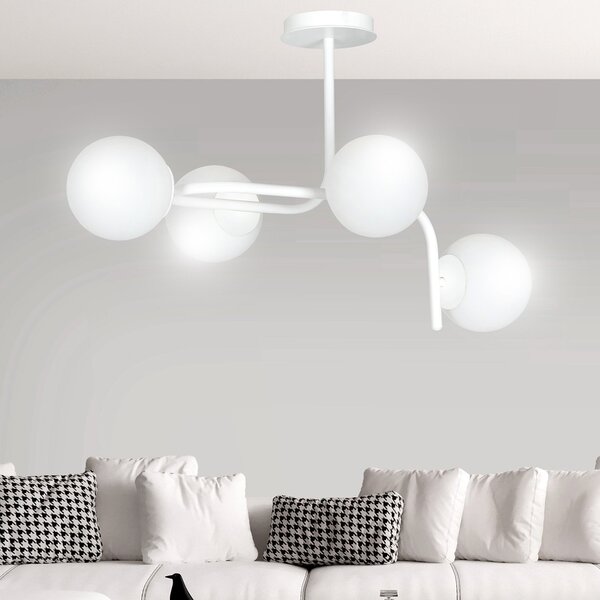 Lampadario 4 Luci Ramachandra Acciaio Bianco A Bracci Curvi Sfere Vetro Opalino
