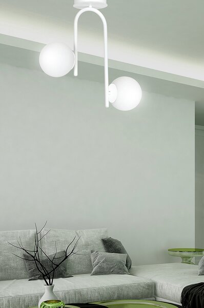 Lampadario 2 Luci Ramachandra Acciaio Bianco A Bracci E Sfere In Vetro Opalino