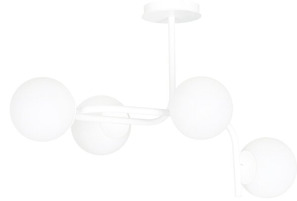 Lampadario 4 Luci Ramachandra Acciaio Bianco A Bracci Curvi Sfere Vetro Opalino