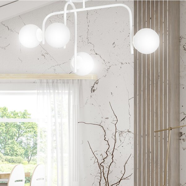 Lampadario 4 Luci Ramachandra Acciaio Bianco A Bracci E Sfere In Vetro Opalino