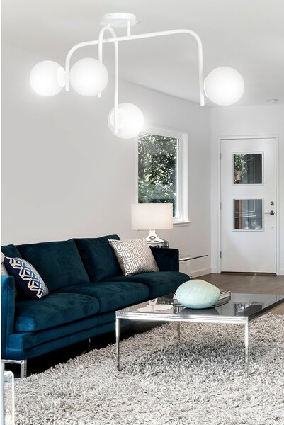 Lampadario 4 Luci Ramachandra Acciaio Bianco A Bracci E Sfere In Vetro Opalino