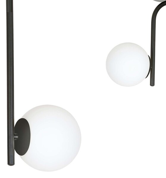 Lampadario 2 Luci Ramachandra Acciaio Nero A Bracci E Sfere In Vetro Opalino