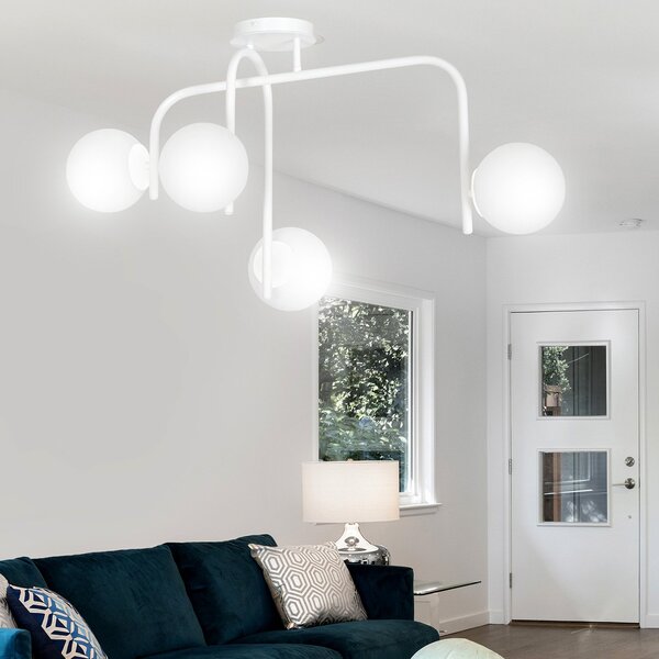 Lampadario 4 Luci Ramachandra Acciaio Bianco A Bracci E Sfere In Vetro Opalino