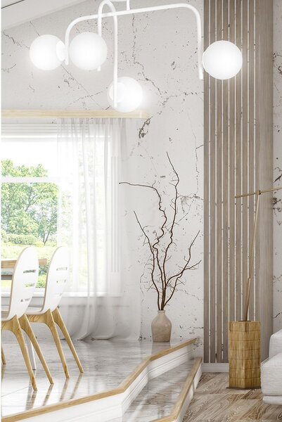 Lampadario 4 Luci Ramachandra Acciaio Bianco A Bracci E Sfere In Vetro Opalino