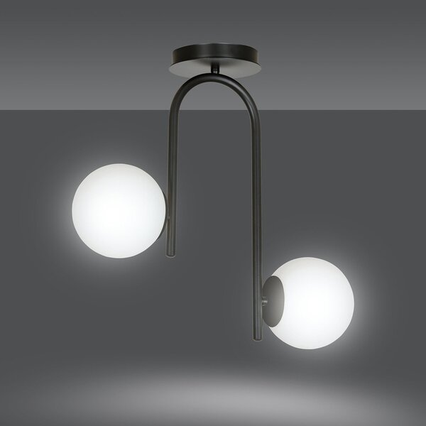 Lampadario 2 Luci Ramachandra Acciaio Nero A Bracci E Sfere In Vetro Opalino