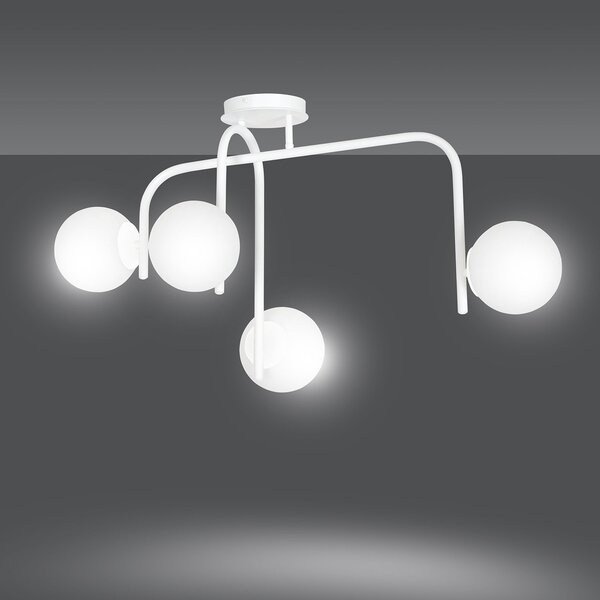 Lampadario 4 Luci Ramachandra Acciaio Bianco A Bracci E Sfere In Vetro Opalino