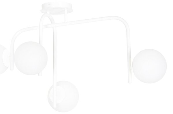 Lampadario 4 Luci Ramachandra Acciaio Bianco A Bracci E Sfere In Vetro Opalino