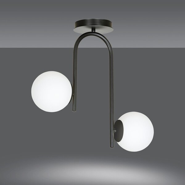 Lampadario 2 Luci Ramachandra Acciaio Nero A Bracci E Sfere In Vetro Opalino