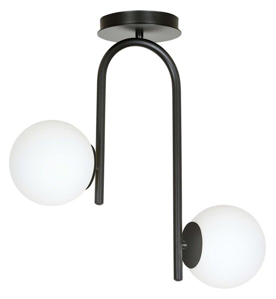 Lampadario 2 Luci Ramachandra Acciaio Nero A Bracci E Sfere In Vetro Opalino