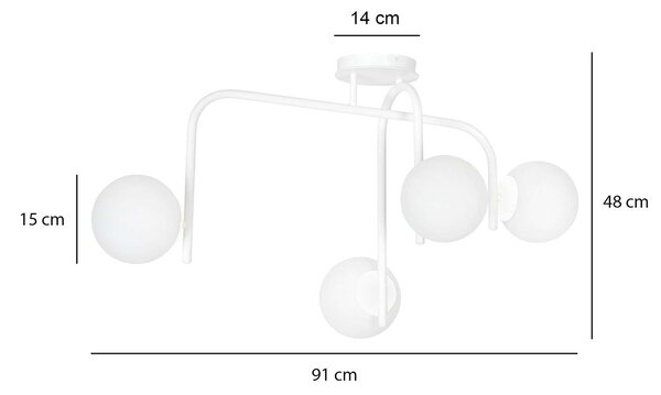 Lampadario 4 Luci Ramachandra Acciaio Bianco A Bracci E Sfere In Vetro Opalino