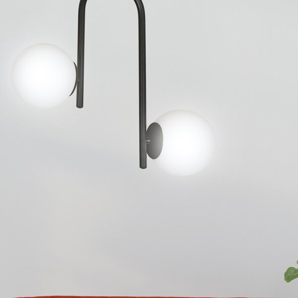 Lampadario 2 Luci Ramachandra Acciaio Nero A Bracci E Sfere In Vetro Opalino
