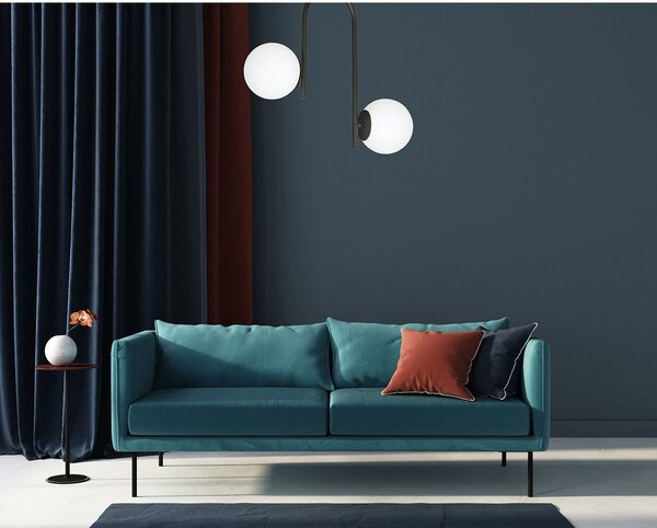 Lampadario 2 Luci Ramachandra Acciaio Nero A Bracci E Sfere In Vetro Opalino
