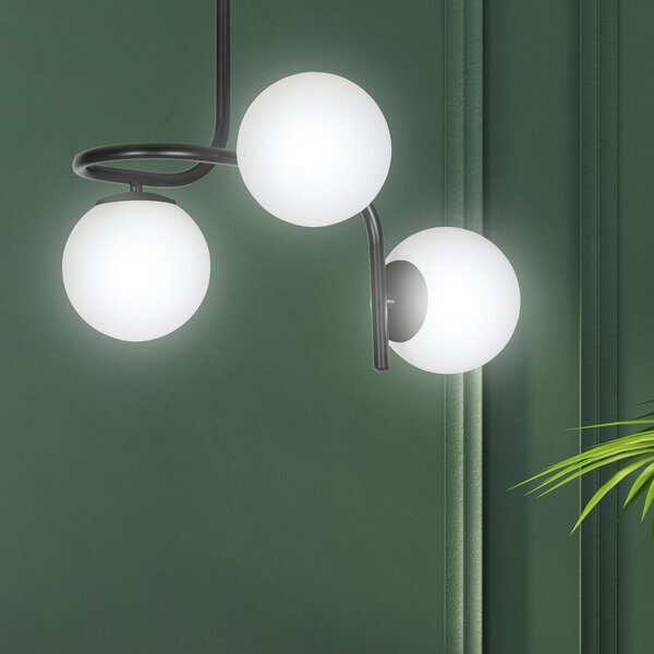 Lampadario 3 Luci Ramachandra Acciaio Nero A Bracci E Sfere In Vetro Opalino