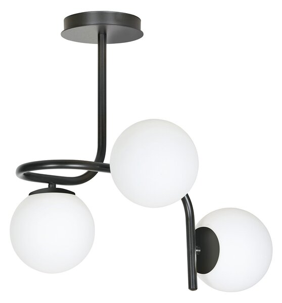 Lampadario 3 Luci Ramachandra Acciaio Nero A Bracci E Sfere In Vetro Opalino