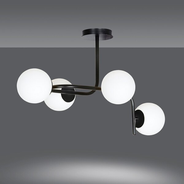 Lampadario 4 Luci Ramachandra Acciaio Nero A Bracci Curvi E Sfere Vetro Opalino