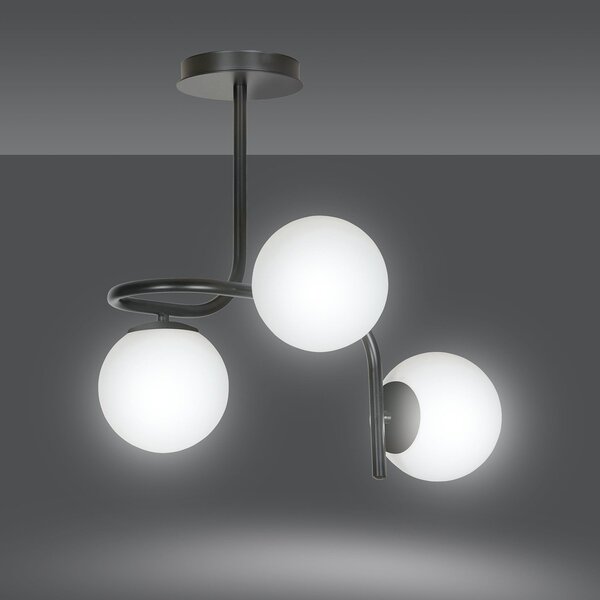 Lampadario 3 Luci Ramachandra Acciaio Nero A Bracci E Sfere In Vetro Opalino