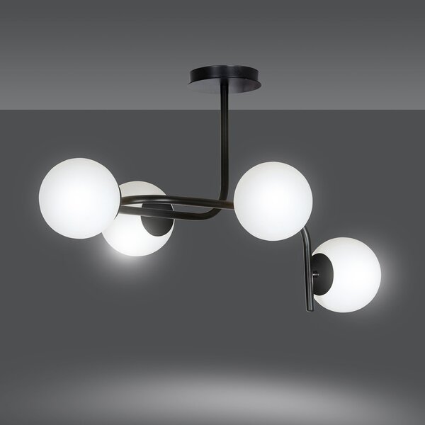 Lampadario 4 Luci Ramachandra Acciaio Nero A Bracci Curvi E Sfere Vetro Opalino