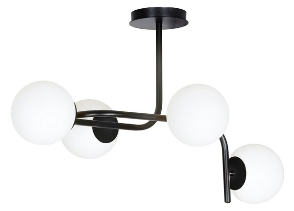 Lampadario 4 Luci Ramachandra Acciaio Nero A Bracci Curvi E Sfere Vetro Opalino