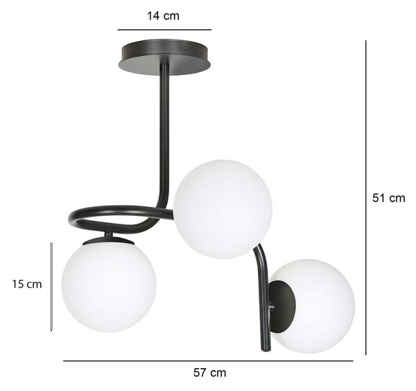 Lampadario 3 Luci Ramachandra Acciaio Nero A Bracci E Sfere In Vetro Opalino