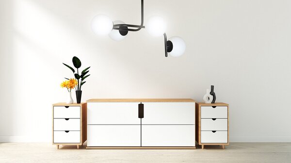 Lampadario 4 Luci Ramachandra Acciaio Nero A Bracci Curvi E Sfere Vetro Opalino