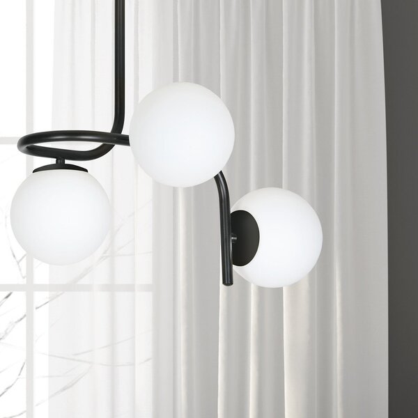Lampadario 3 Luci Ramachandra Acciaio Nero A Bracci E Sfere In Vetro Opalino