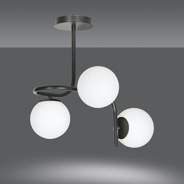 Lampadario 3 Luci Ramachandra Acciaio Nero A Bracci E Sfere In Vetro Opalino