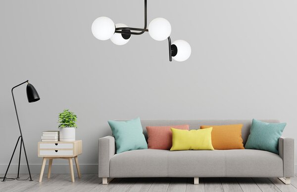 Lampadario 4 Luci Ramachandra Acciaio Nero A Bracci Curvi E Sfere Vetro Opalino