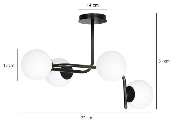 Lampadario 4 Luci Ramachandra Acciaio Nero A Bracci Curvi E Sfere Vetro Opalino