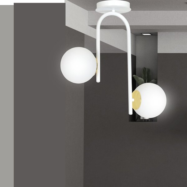 Lampadario 2 Luci Kalf Acciaio Bianco A Bracci Sfere In Vetro Opalino Oro