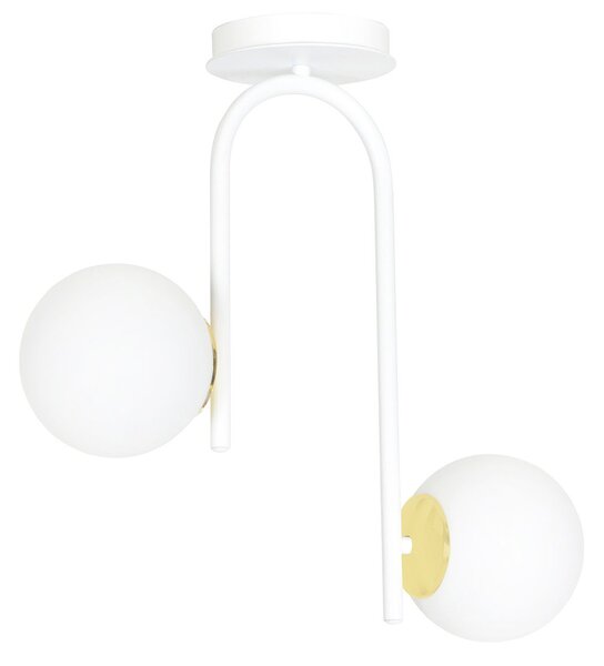 Lampadario 2 Luci Kalf Acciaio Bianco A Bracci Sfere In Vetro Opalino Oro