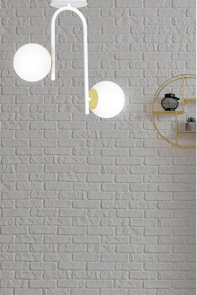 Lampadario 2 Luci Kalf Acciaio Bianco A Bracci Sfere In Vetro Opalino Oro