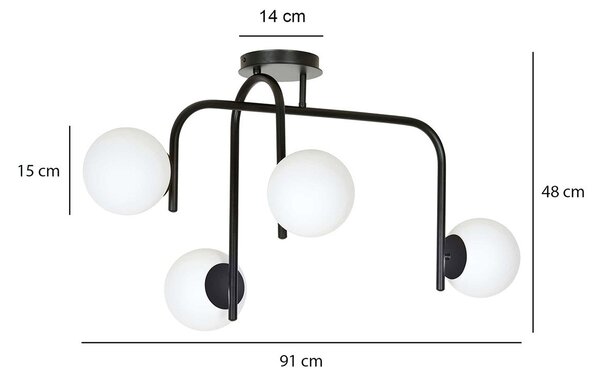 Lampadario 4 Luci Ramachandra Acciaio Nero A Bracci E Sfere In Vetro Opalino