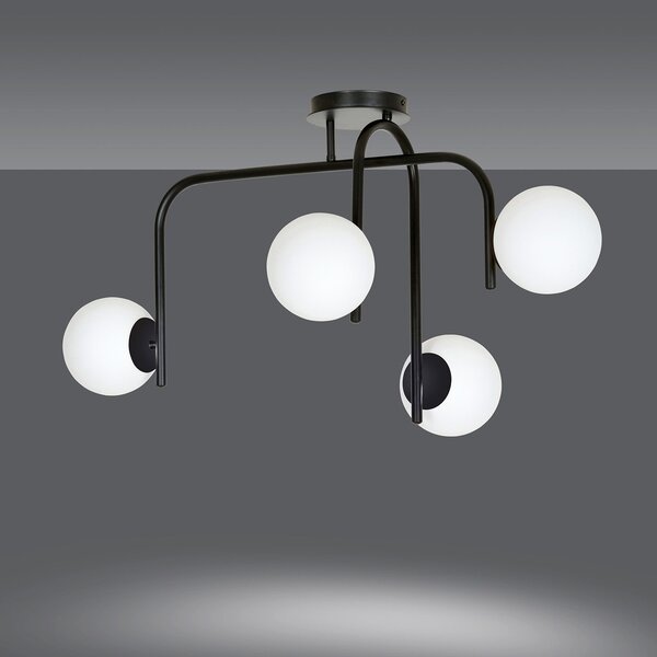 Lampadario 4 Luci Ramachandra Acciaio Nero A Bracci E Sfere In Vetro Opalino