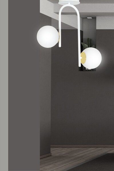 Lampadario 2 Luci Kalf Acciaio Bianco A Bracci Sfere In Vetro Opalino Oro