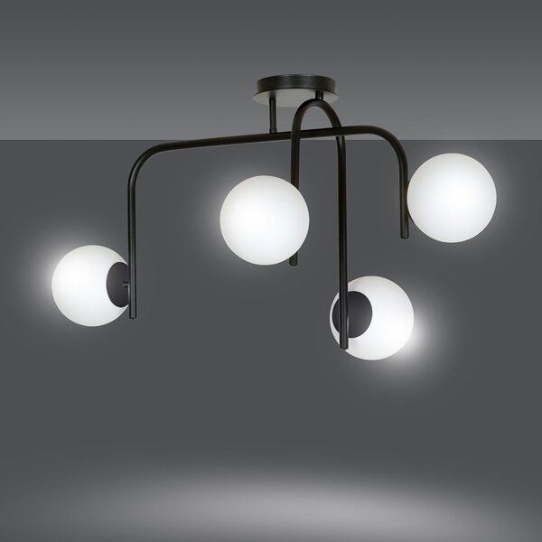 Lampadario 4 Luci Ramachandra Acciaio Nero A Bracci E Sfere In Vetro Opalino