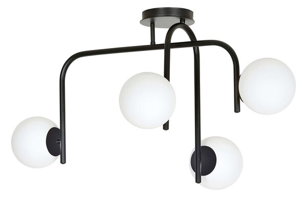 Lampadario 4 Luci Ramachandra Acciaio Nero A Bracci E Sfere In Vetro Opalino
