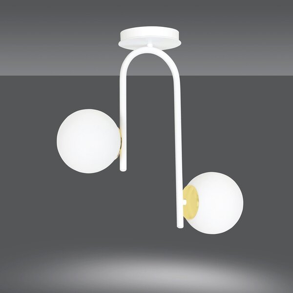 Lampadario 2 Luci Kalf Acciaio Bianco A Bracci Sfere In Vetro Opalino Oro