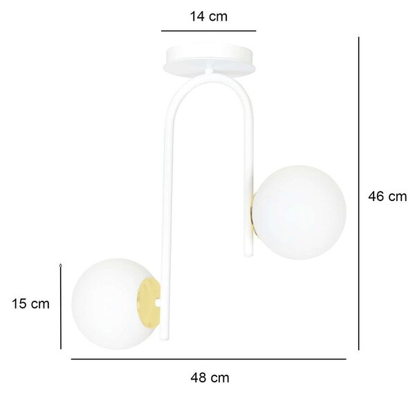 Lampadario 2 Luci Kalf Acciaio Bianco A Bracci Sfere In Vetro Opalino Oro