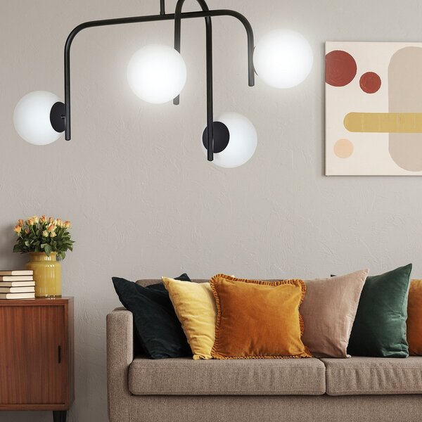 Lampadario 4 Luci Ramachandra Acciaio Nero A Bracci E Sfere In Vetro Opalino