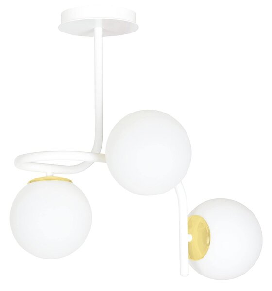 Lampadario 3 Luci Kalf Acciaio Bianco A Bracci Sfere In Vetro Opalino Oro