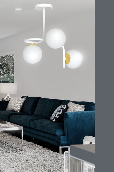 Lampadario 3 Luci Kalf Acciaio Bianco A Bracci Sfere In Vetro Opalino Oro