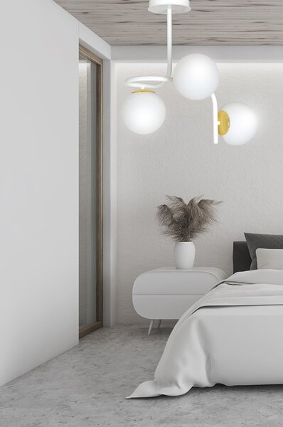 Lampadario 3 Luci Kalf Acciaio Bianco A Bracci Sfere In Vetro Opalino Oro