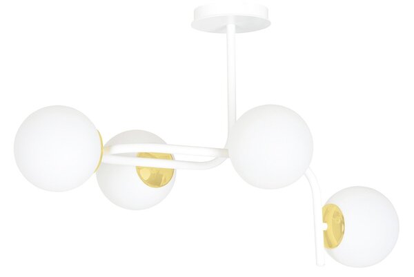 Lampadario 4 Luci Kalf Acciaio Bianco A Bracci Curvi Sfervetro Opalino Oro
