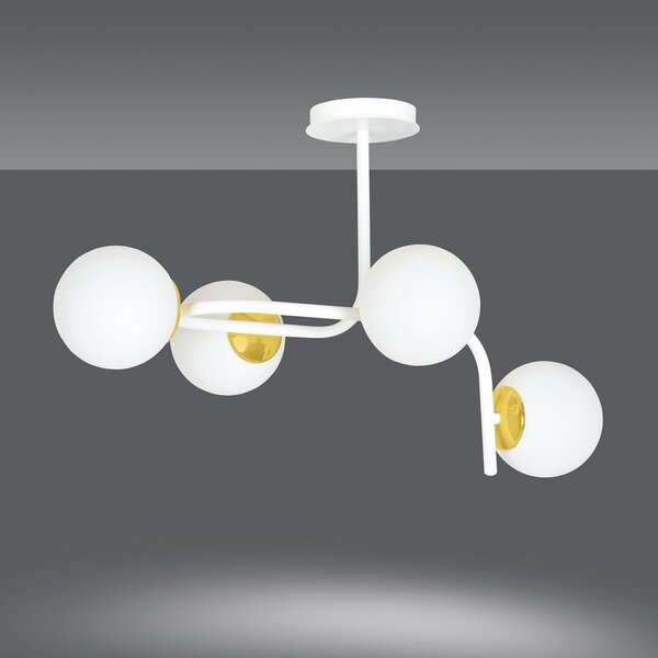 Lampadario 4 Luci Kalf Acciaio Bianco A Bracci Curvi Sfervetro Opalino Oro