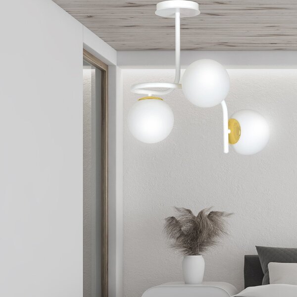 Lampadario 3 Luci Kalf Acciaio Bianco A Bracci Sfere In Vetro Opalino Oro