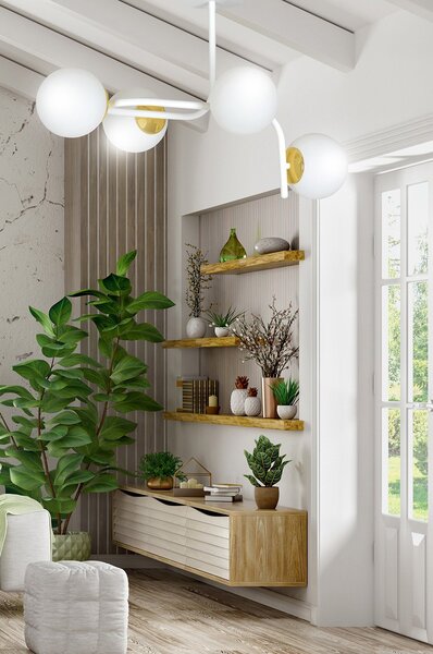 Lampadario 4 Luci Kalf Acciaio Bianco A Bracci Curvi Sfervetro Opalino Oro