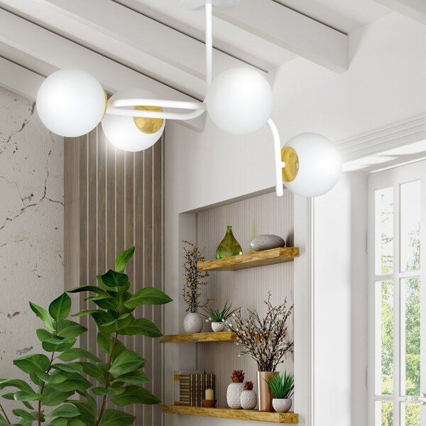 Lampadario 4 Luci Kalf Acciaio Bianco A Bracci Curvi Sfervetro Opalino Oro