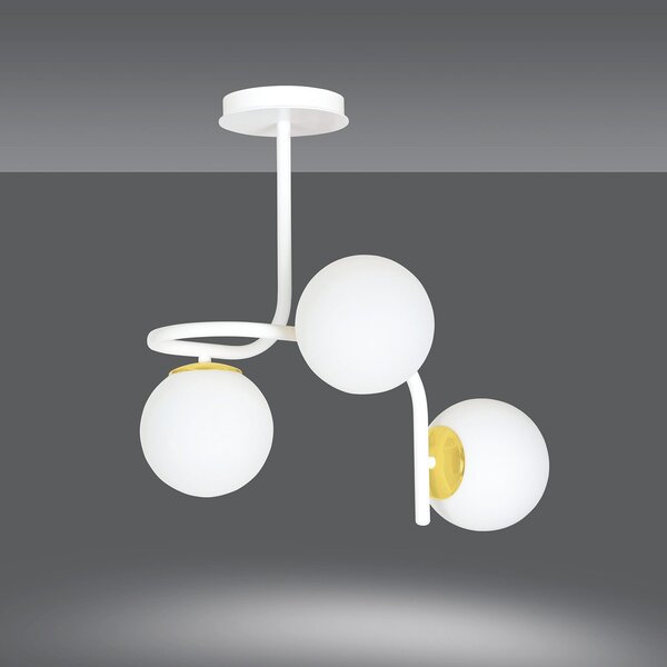 Lampadario 3 Luci Kalf Acciaio Bianco A Bracci Sfere In Vetro Opalino Oro